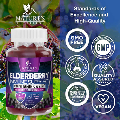 Immune Support Gummies - Sambucus Elderberry with Zinc & Vitamin C | Vegan Immune Support for Adults & Kids | 60 Gummies