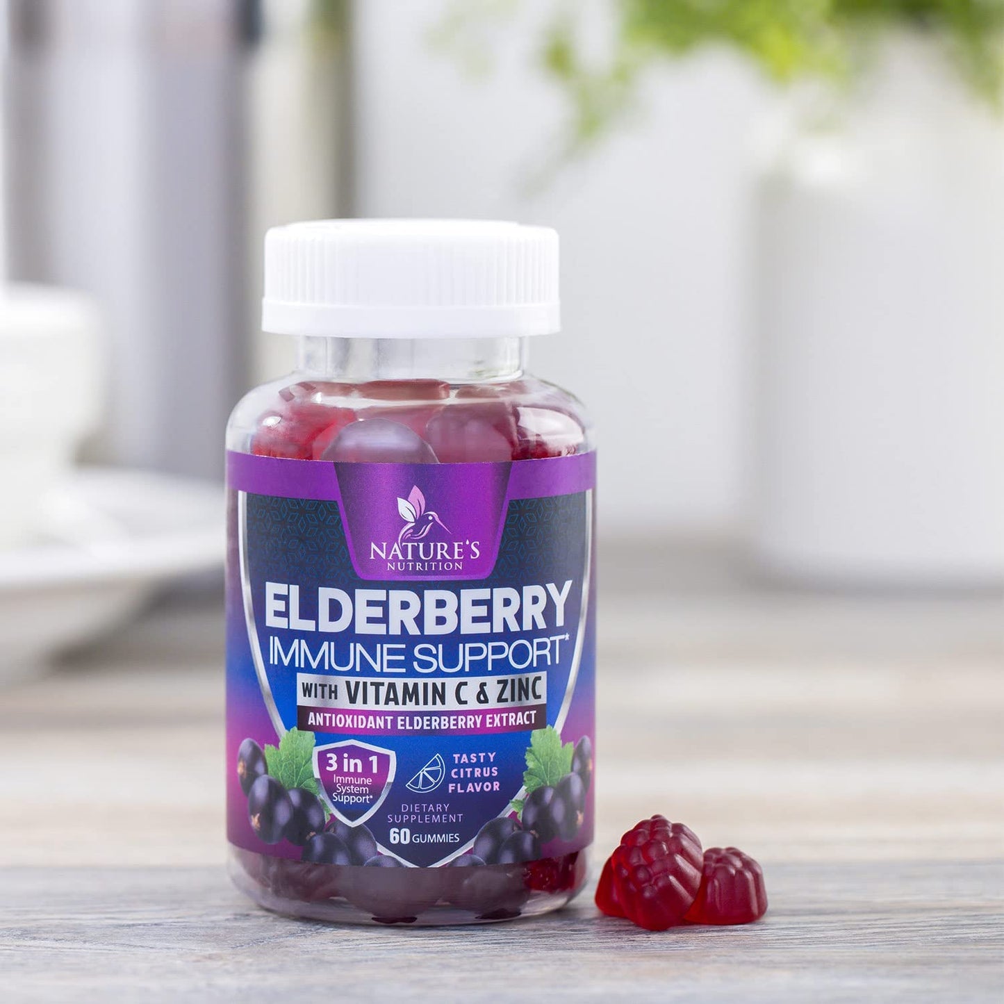 Immune Support Gummies - Sambucus Elderberry with Zinc & Vitamin C | Vegan Immune Support for Adults & Kids | 60 Gummies