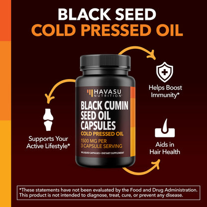 Cold Pressed Black Seed Oil Capsules 1500mg | Immune Support, Digestive Health & Hair & Skin - Nigella Sativa