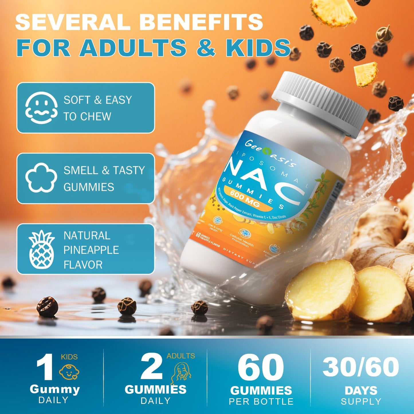 Liposomal NAC Gummies 600mg | NAC Supplement for Immunity, Liver & Lung Health | Sugar-Free Pineapple, 60 Count