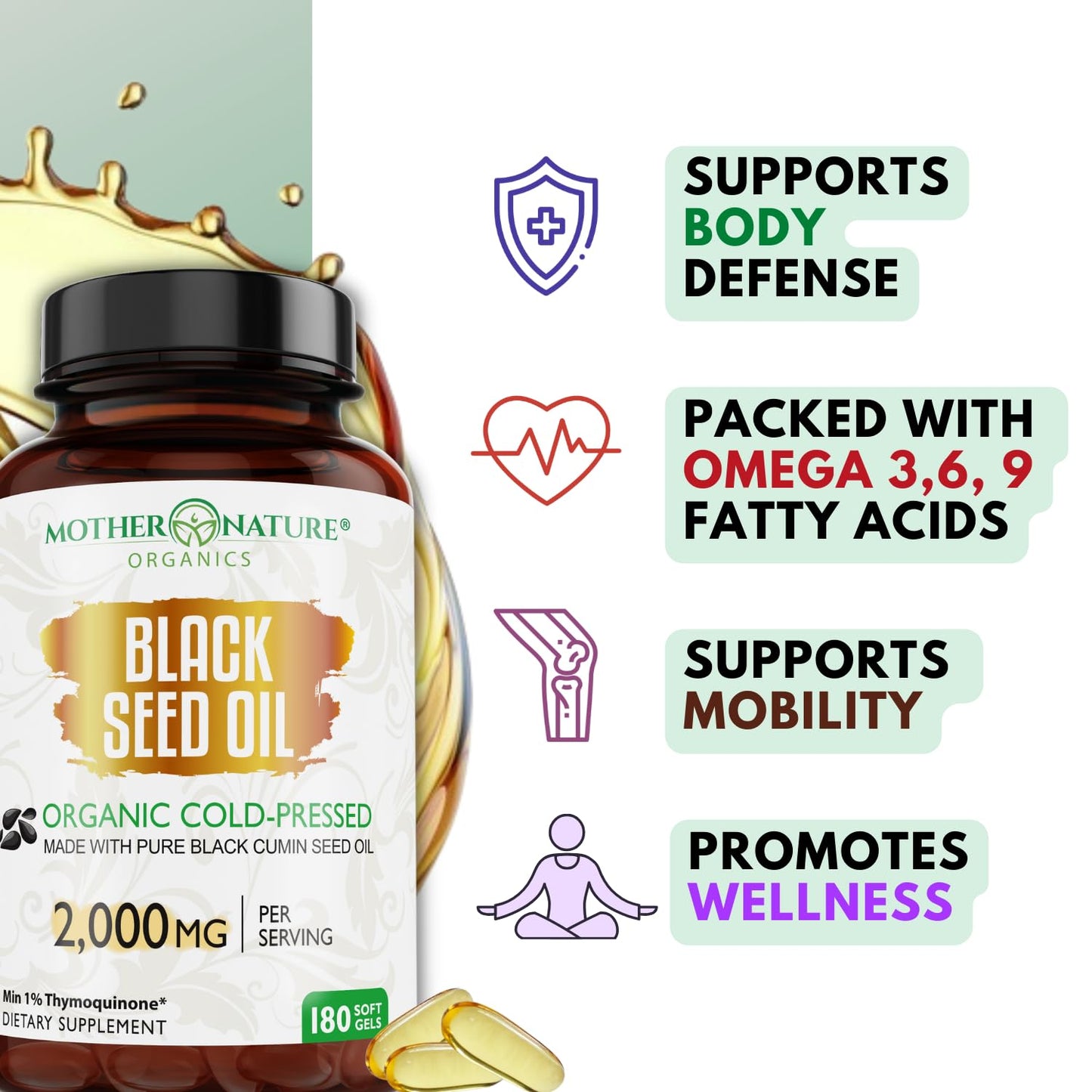 Mother Nature Organics Organic Black Seed Oil Capsules 1000mg – 180ct, 3-Month Supply, Cold-Pressed Nigella Sativa from Turkey