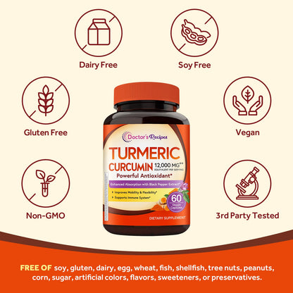 Doctor's Recipes Turmeric Curcumin 12,000 mg | High Potency with Black Pepper, 95% Curcuminoids – 60 Caps