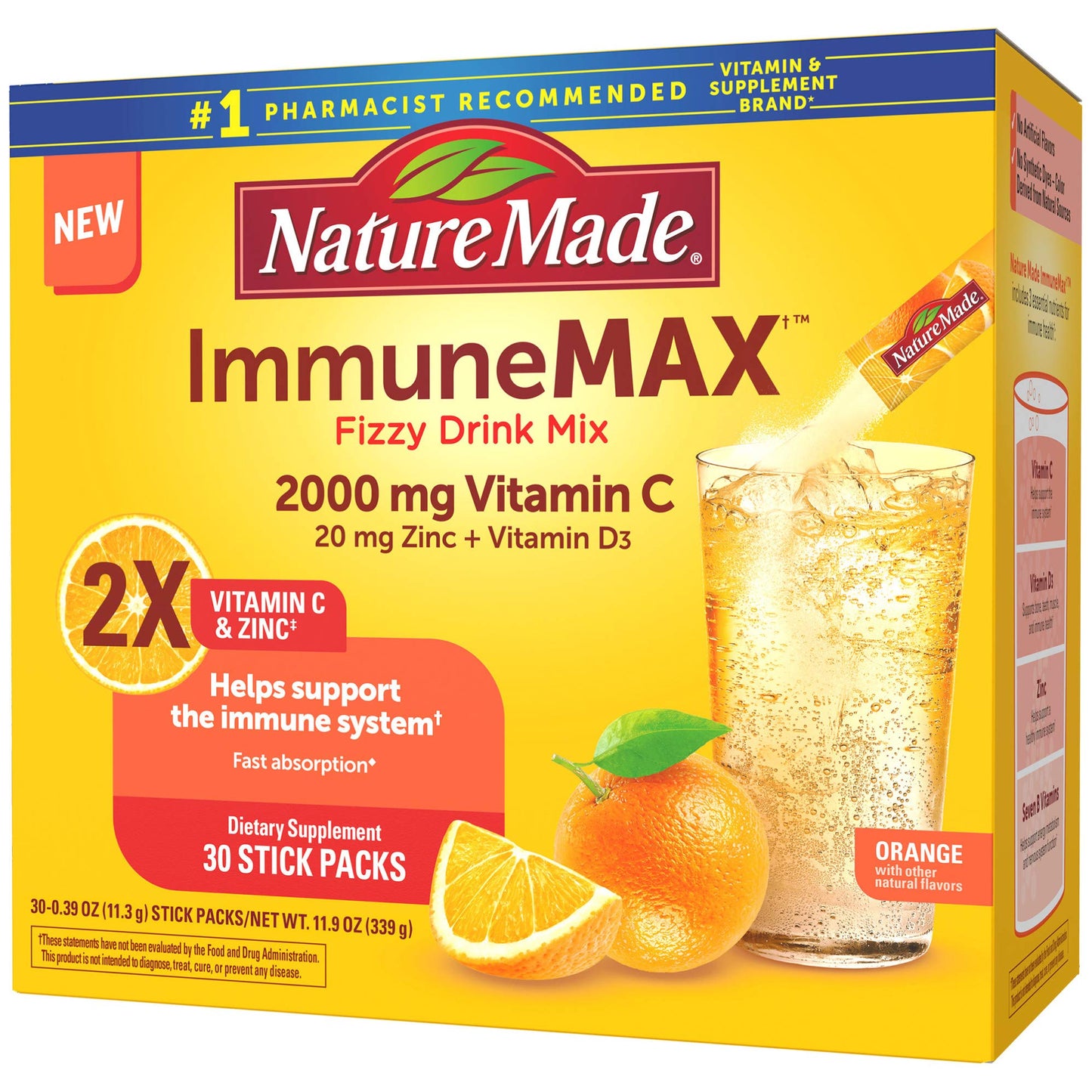 Nature Made ImmuneMAX Fizzy Drink Mix – Vitamin C, D & Zinc Immune Support, 30 Sticks