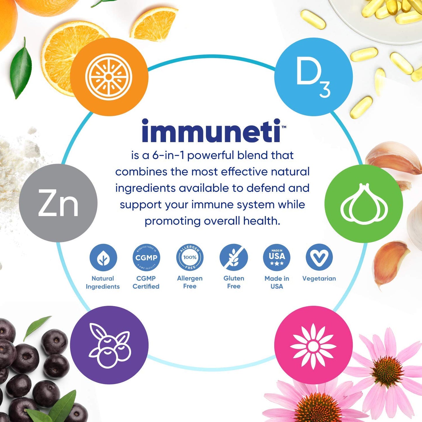 Immuneti - 6-in-1 Immune Support with Vitamin C, D3, Zinc, Elderberry, Garlic & Echinacea