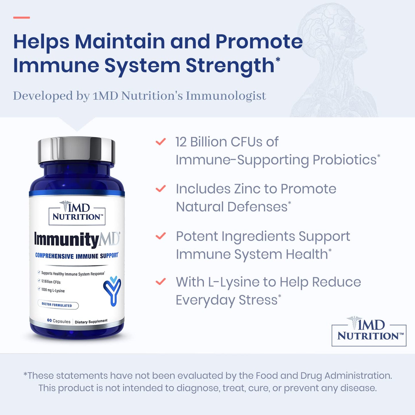 ImmunityMD Probiotic – Immune Support with Zinc & Prebiotic | 60 Capsules | 1MD Nutrition