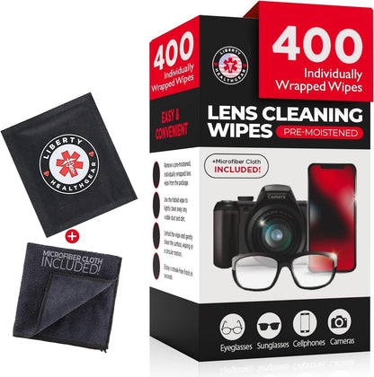 400 Eyeglass Cleaning Wipes + Microfiber Cloth – Pre-Moistened, Individually Wrapped