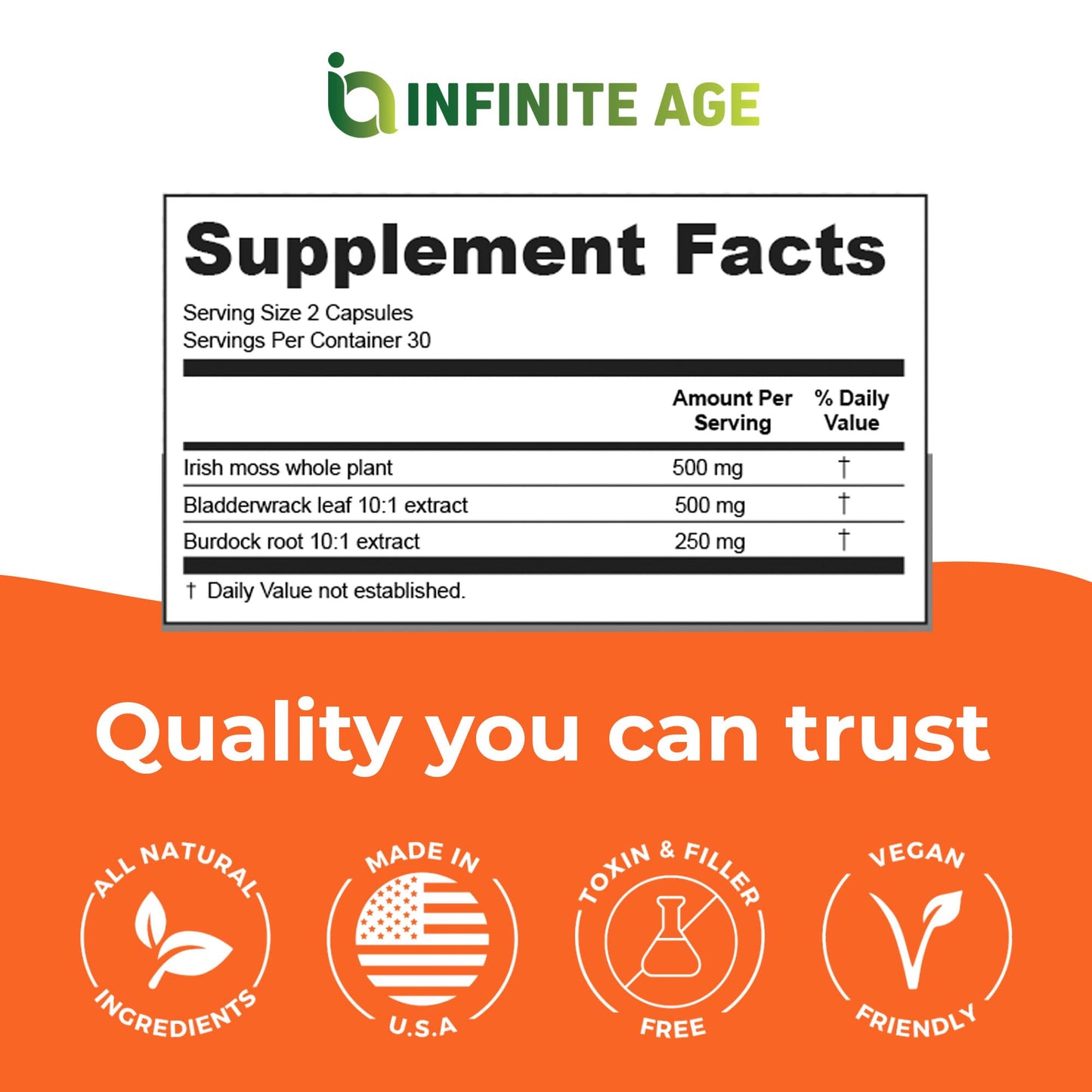 INFINITE AGE 2 Pack Sea Moss Capsules 1250mg – Vegan, Made in USA, Irish Sea Moss + Bladderwrack