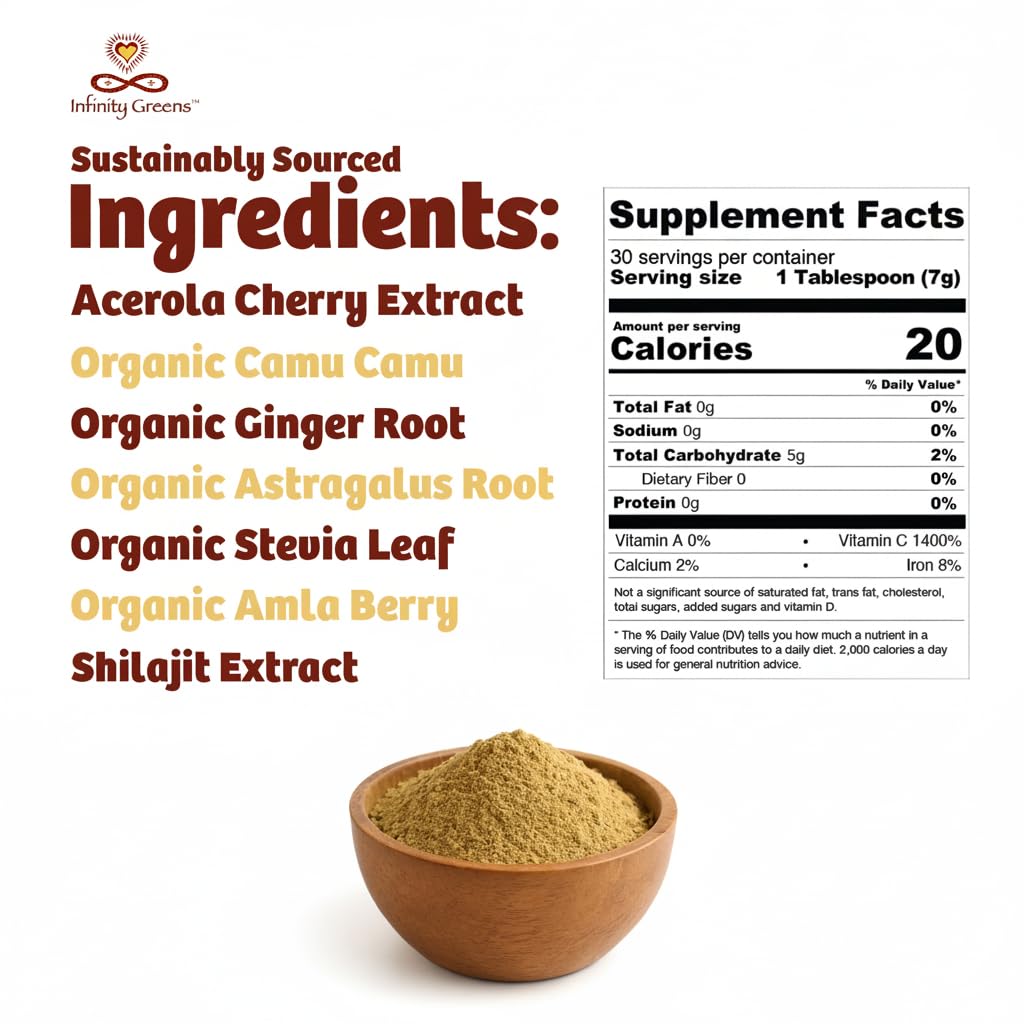 Infinity-C Organic Whole-Food Vitamin C Powder – 1000mg, Acerola, Camu Camu & Amla (30 Servings)