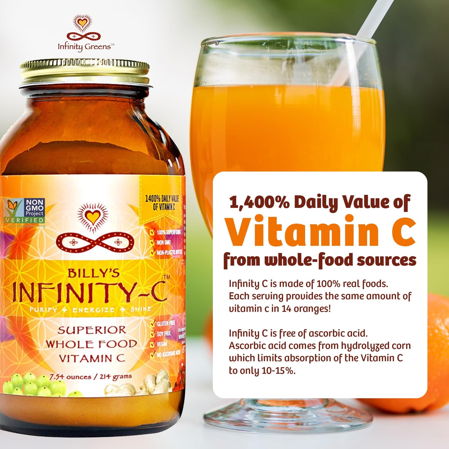 Infinity-C Organic Whole-Food Vitamin C Powder – 1000mg, Acerola, Camu Camu & Amla (30 Servings)