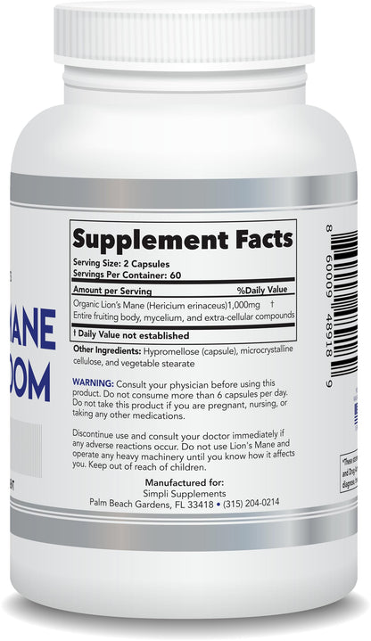 Lion's Mane Mushroom Capsules | Organic Lions Mane for Cognitive Function & Immune Support | 120 Capsules (2-Month Supply) | Vegan