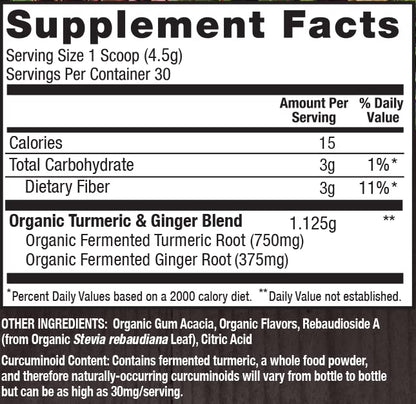 PlantFusion Turmeric & Ginger Drink Mix – Fermented Whole Food Nutrition, 4.76 oz, 30 Servings, USDA Organic