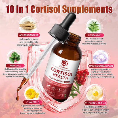 Cortisol Supplement Liquid Drops – 10-in-1 Hormone Balance for Women & Men (2 fl oz, Cranberry)