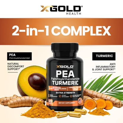 X Gold Health Pea PEA + Turmeric Curcumin Complex – 1600mg Micronized, 99% PEA & 95% Curcuminoids – Joint Support, Mobility & Comfort – Made in USA
