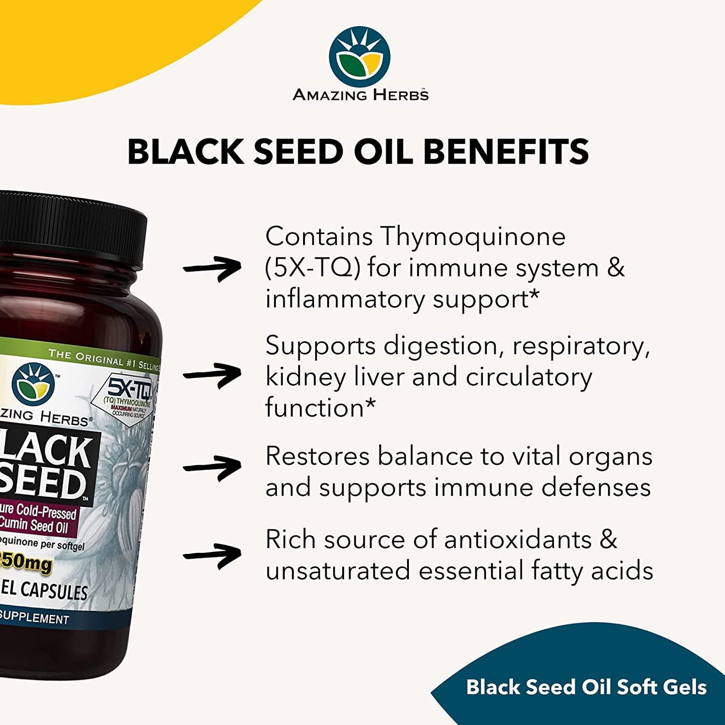Amazing Herbs Premium Black Seed Oil Capsules - 1250mg, Cold-Pressed Nigella Sativa, 60 Count (Pack of 2)