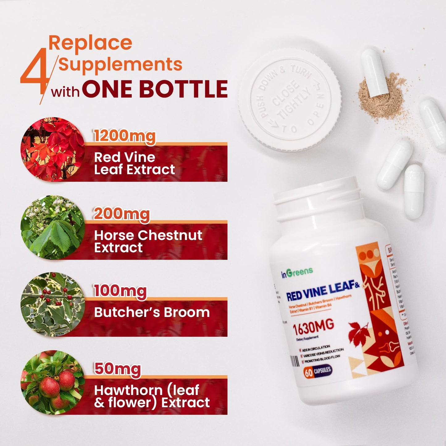 inGreens Red Vine Leaf Extract 1630mg with Horse Chestnut – Varicose Veins Support, 60 Capsules (Made in USA)