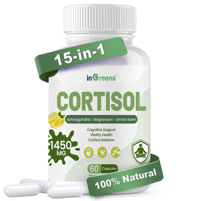 inGreens Cortisol Supplement – 15-in-1 Manager with Ashwagandha, L-Theanine & Magnesium (60 Capsules)