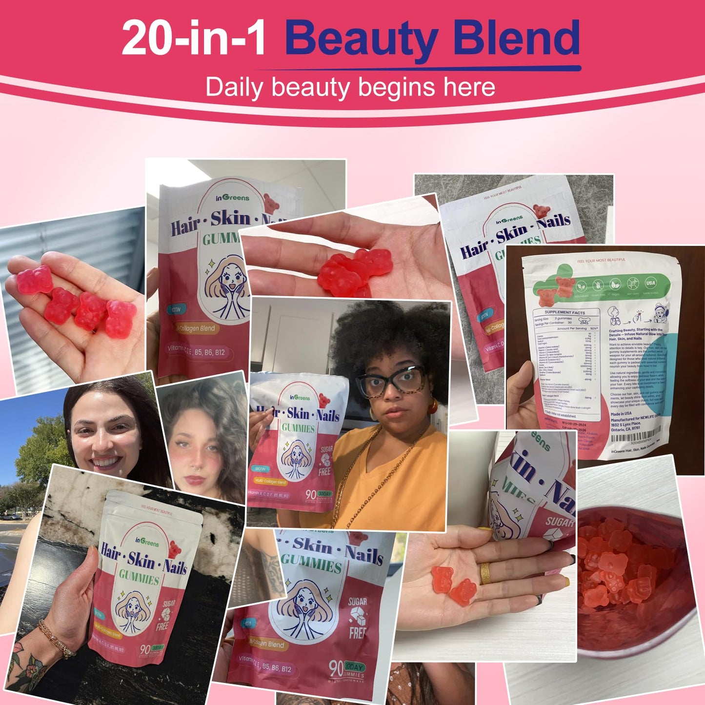 inGreens 20-in-1 Hair, Skin & Nails Gummies – 90 Gummies, 10,000 mcg Biotin