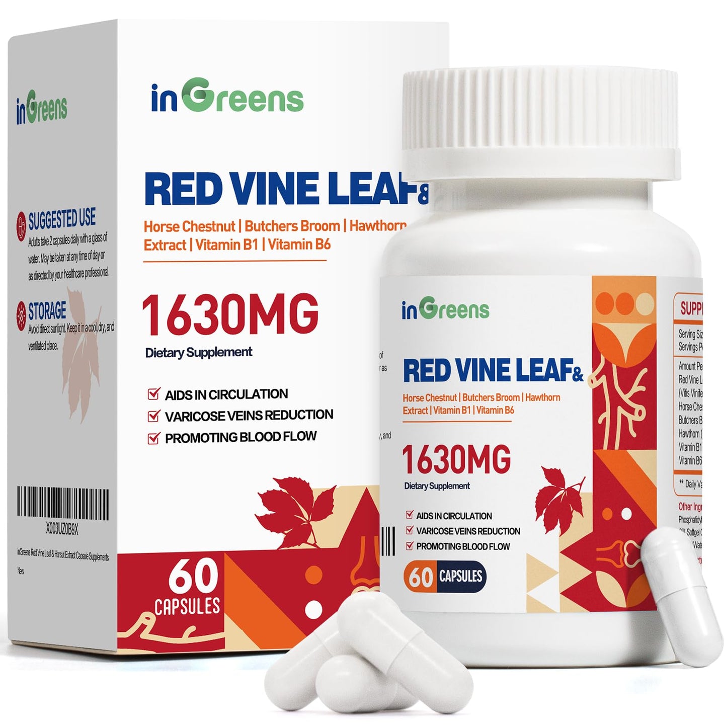 inGreens Red Vine Leaf Extract 1630mg with Horse Chestnut – Varicose Veins Support, 60 Capsules (Made in USA)