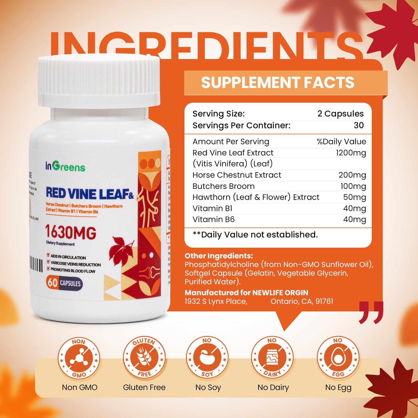 inGreens 1630mg Red Vine Leaf Extract - Varicose Veins & Circulation Support - 2 Pack - Made in USA