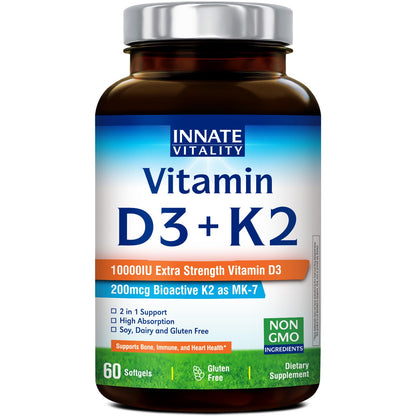 Innate Vitality D3 K2 Softgels — 10,000 IU D3 + 200 mcg MK-7 | 60 Softgels
