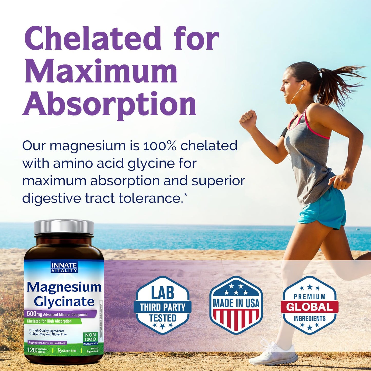 Innate Vitality Magnesium Glycinate 500mg – 70mg Elemental Magnesium, High Absorption | Non-GMO, Gluten-Free | Supports Nerve, Heart & Bone Health | 240 Vegan Capsules