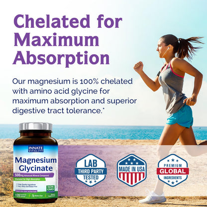Innate Vitality Magnesium Glycinate 500mg – 70mg Elemental Magnesium, High Absorption | Non-GMO, Gluten-Free | Supports Nerve, Heart & Bone Health | 240 Vegan Capsules