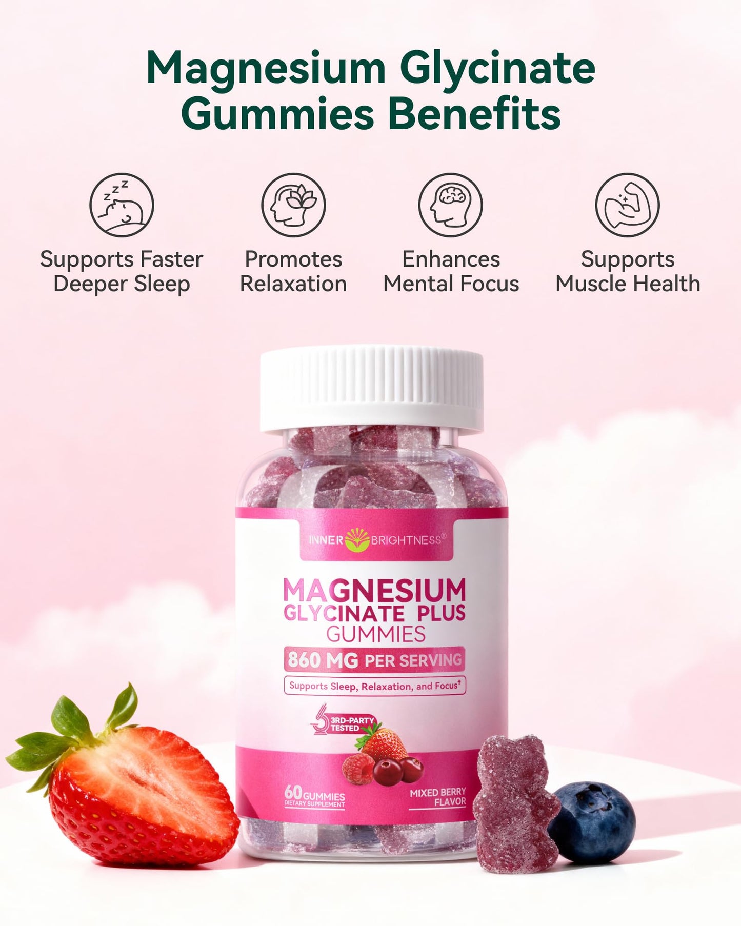Inner Brightness Magnesium Glycinate Plus Gummies – 860mg | Sugar-Free, Gluten-Free, Non-GMO (120 Count)