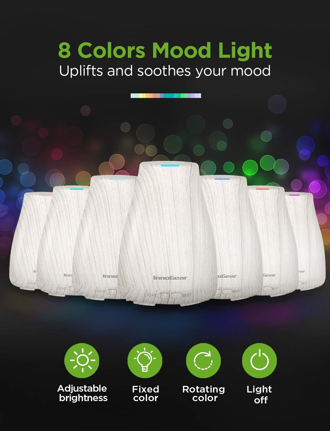 InnoGear Essential Oil Diffuser | Ultrasonic Humidifier for Home Aromatherapy | 7-Color LED, 2 Mist Modes, Auto Off | White & Grey