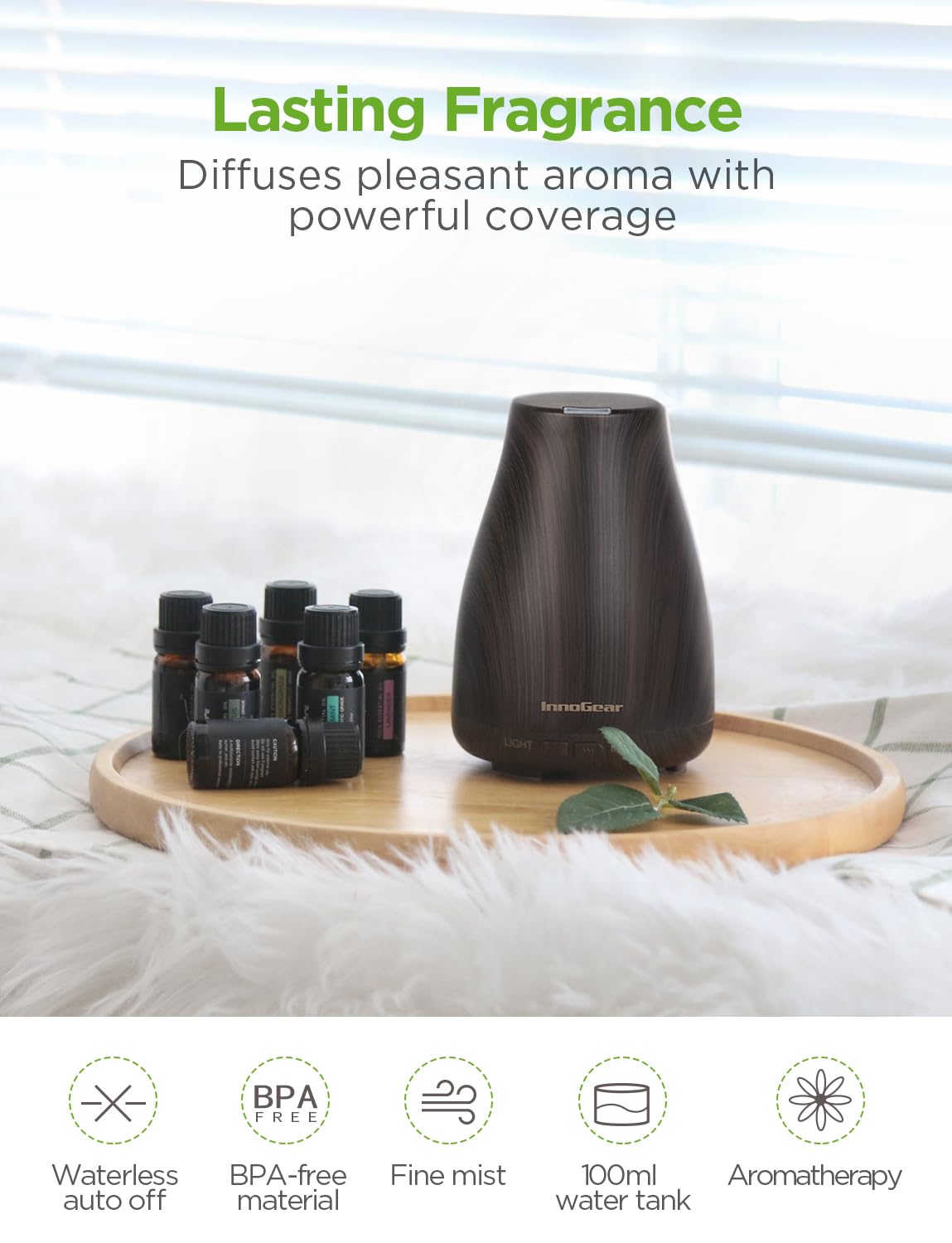 InnoGear Essential Oil Diffuser with Oils – 100ml Gift Set (Dark Wood Grain)