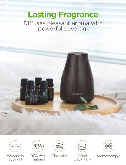 InnoGear Essential Oil Diffuser with Oils – 100ml Gift Set (Dark Wood Grain)