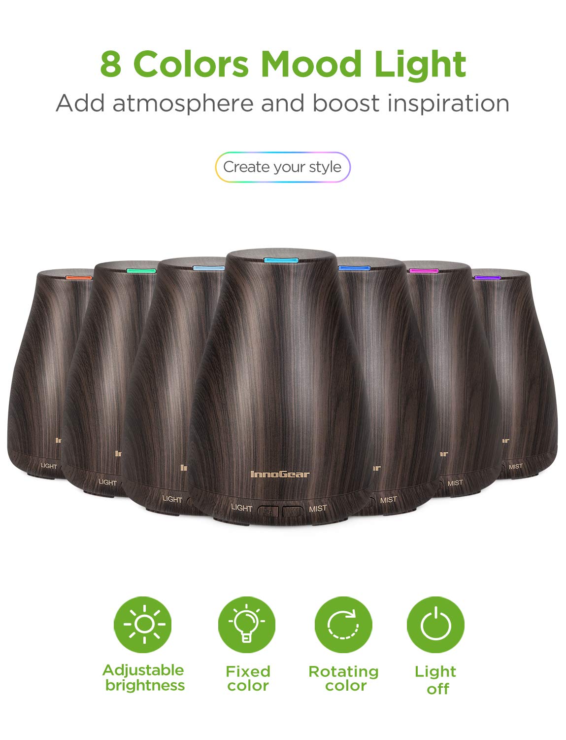 InnoGear Essential Oil Diffuser with Oils – 100ml Gift Set (Dark Wood Grain)