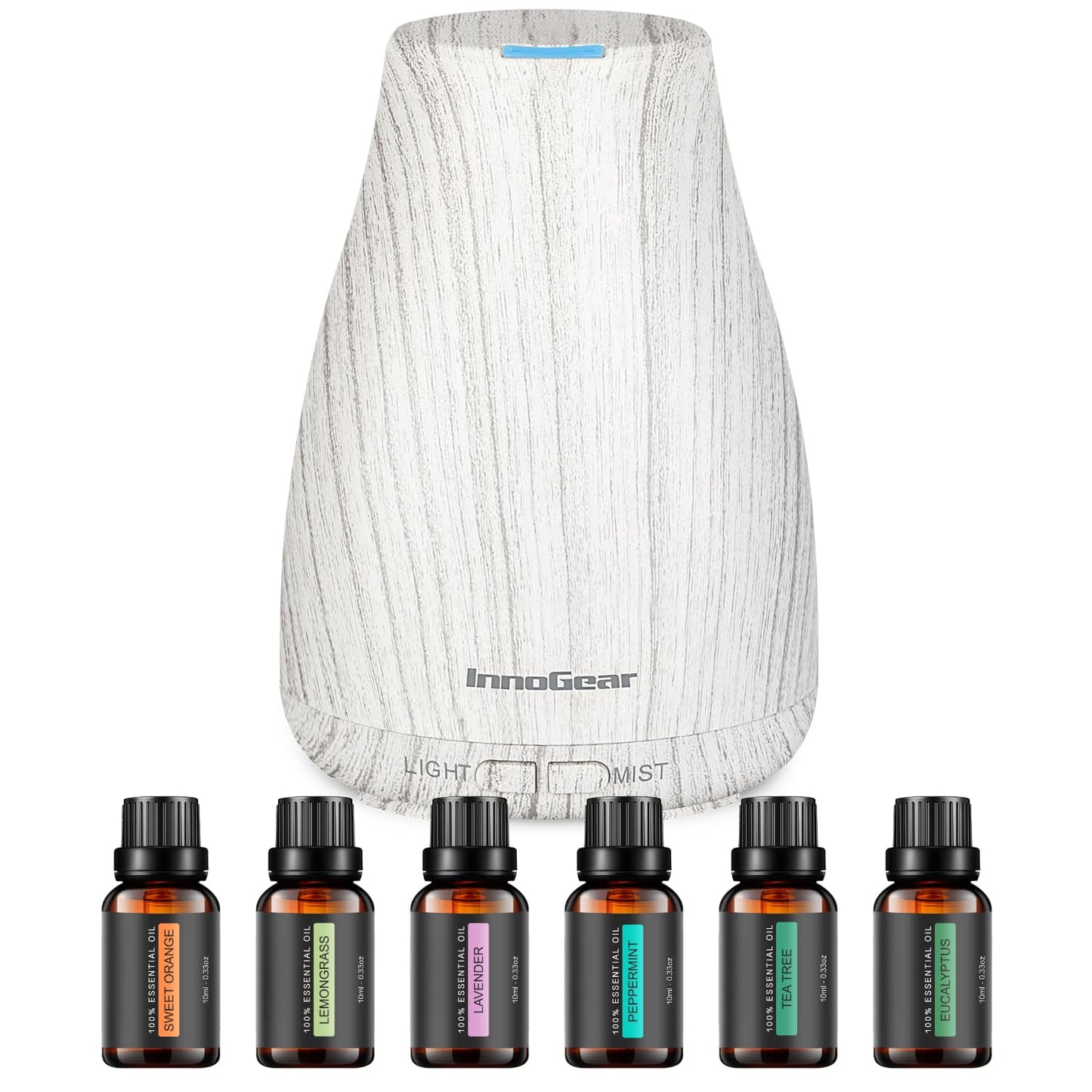 InnoGear Essential Oil Diffuser with Oils – 6-Oil Gift Set (100ml, Grey Wood Grain)