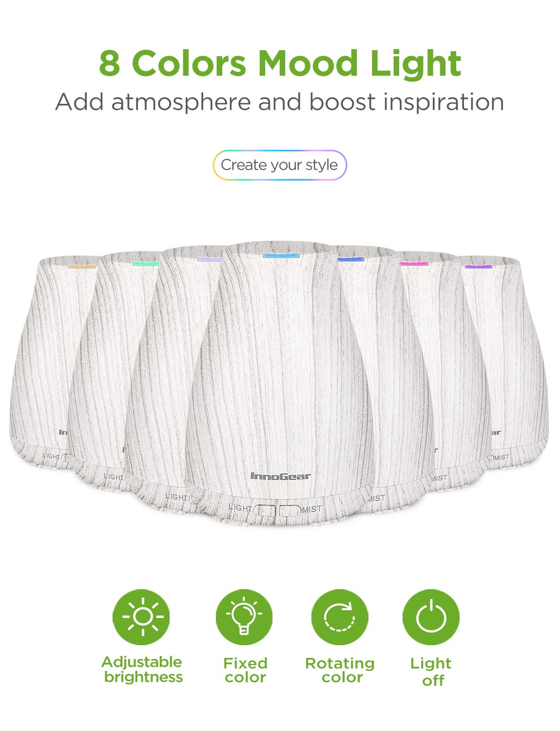 InnoGear Essential Oil Diffuser with Oils – 6-Oil Gift Set (100ml, Grey Wood Grain)