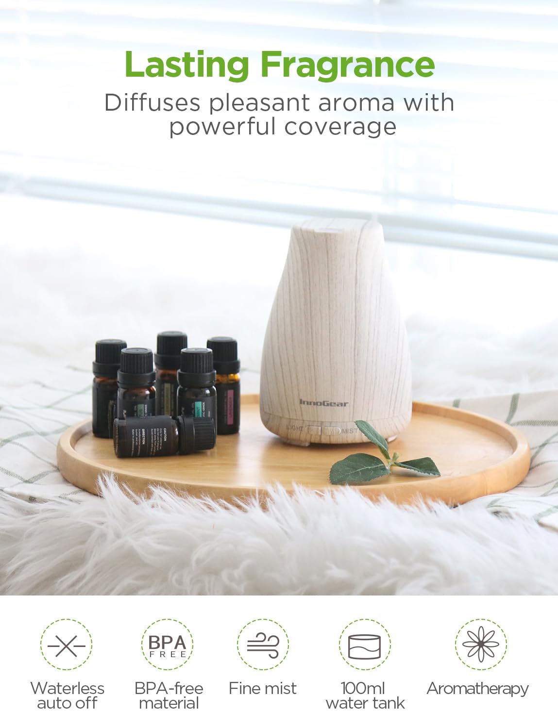 InnoGear Essential Oil Diffuser with Oils – 6-Oil Gift Set (100ml, Grey Wood Grain)