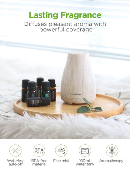 InnoGear Essential Oil Diffuser with Oils – 6-Oil Gift Set (100ml, Grey Wood Grain)