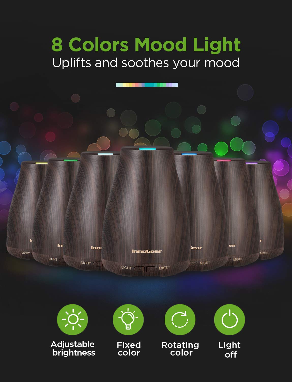 InnoGear Essential Oil Diffuser – Ultrasonic Diffuser for Home Aromatherapy, 7-Color LED, Auto Off, 2 Mist Modes, Brown