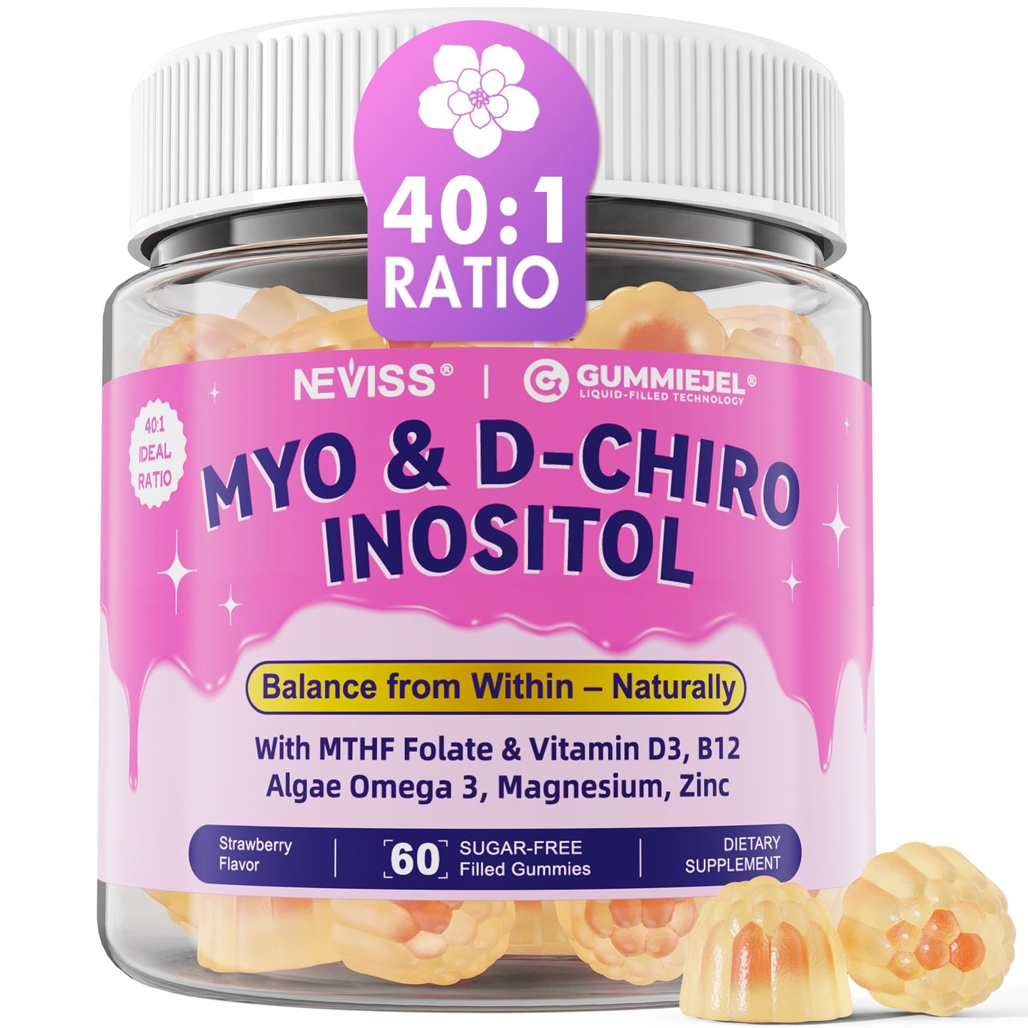 2 Pack Myo-Inositol & D-Chiro Inositol for Hormone Balance – Sugar Free Gummies (40:1) – Vegan