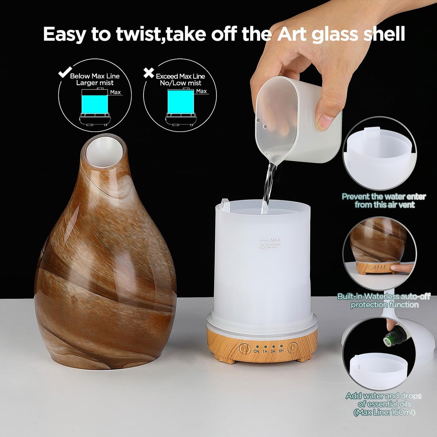 INRORNAS 160ml Essential Oil Diffuser – Art Glass Ultrasonic Diffuser