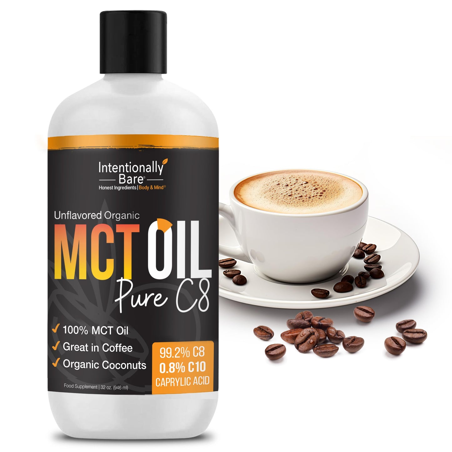 Intentionally Bare Pure C8 MCT Oil Organic – Brain Octane MCT Oil for Keto, Vegan & Paleo Diets – Unflavored 32oz