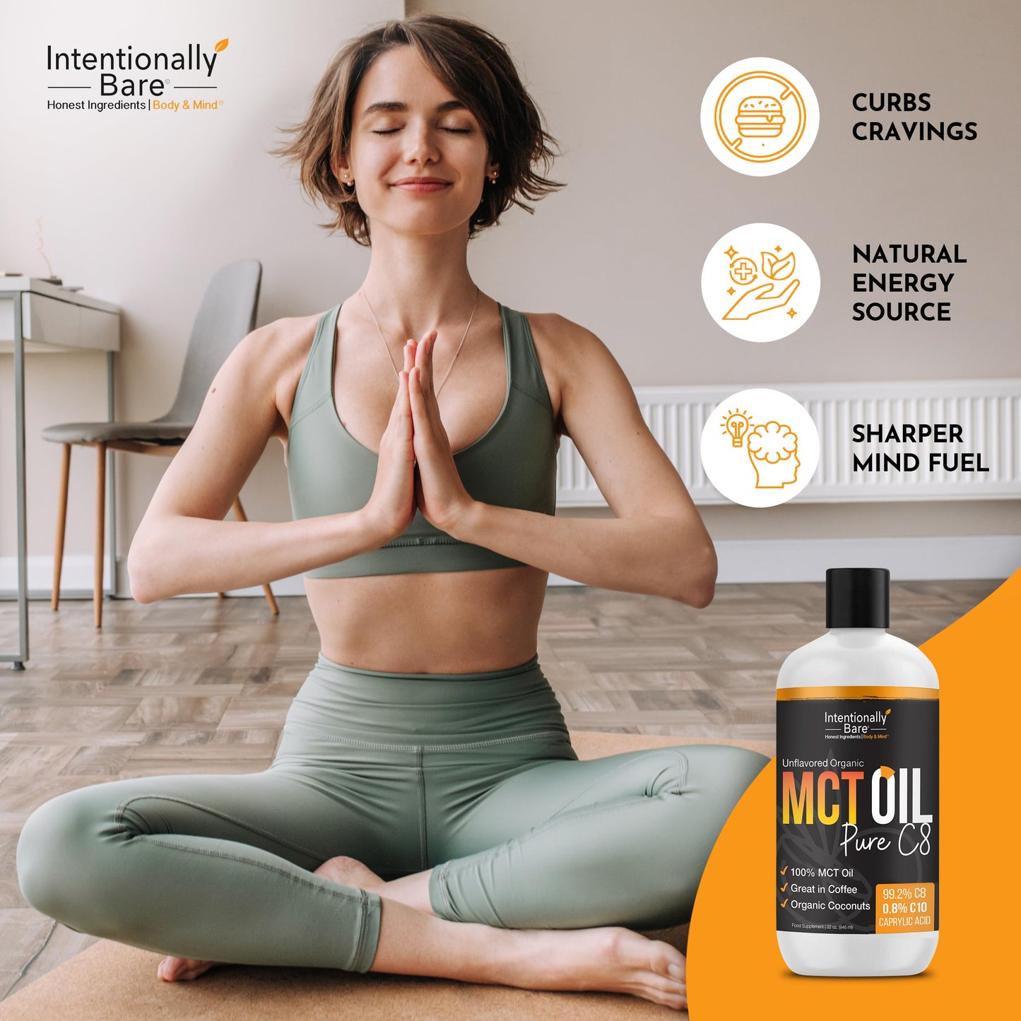 Intentionally Bare Pure C8 MCT Oil Organic – Brain Octane MCT Oil for Keto, Vegan & Paleo Diets – Unflavored 32oz