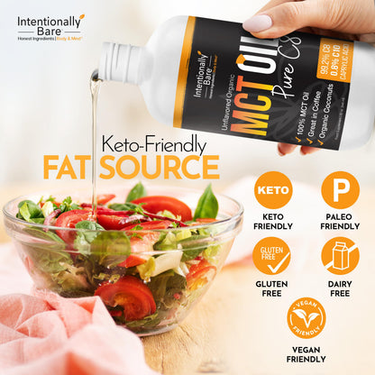 Intentionally Bare Pure C8 MCT Oil Organic – Brain Octane MCT Oil for Keto, Vegan & Paleo Diets – Unflavored 32oz