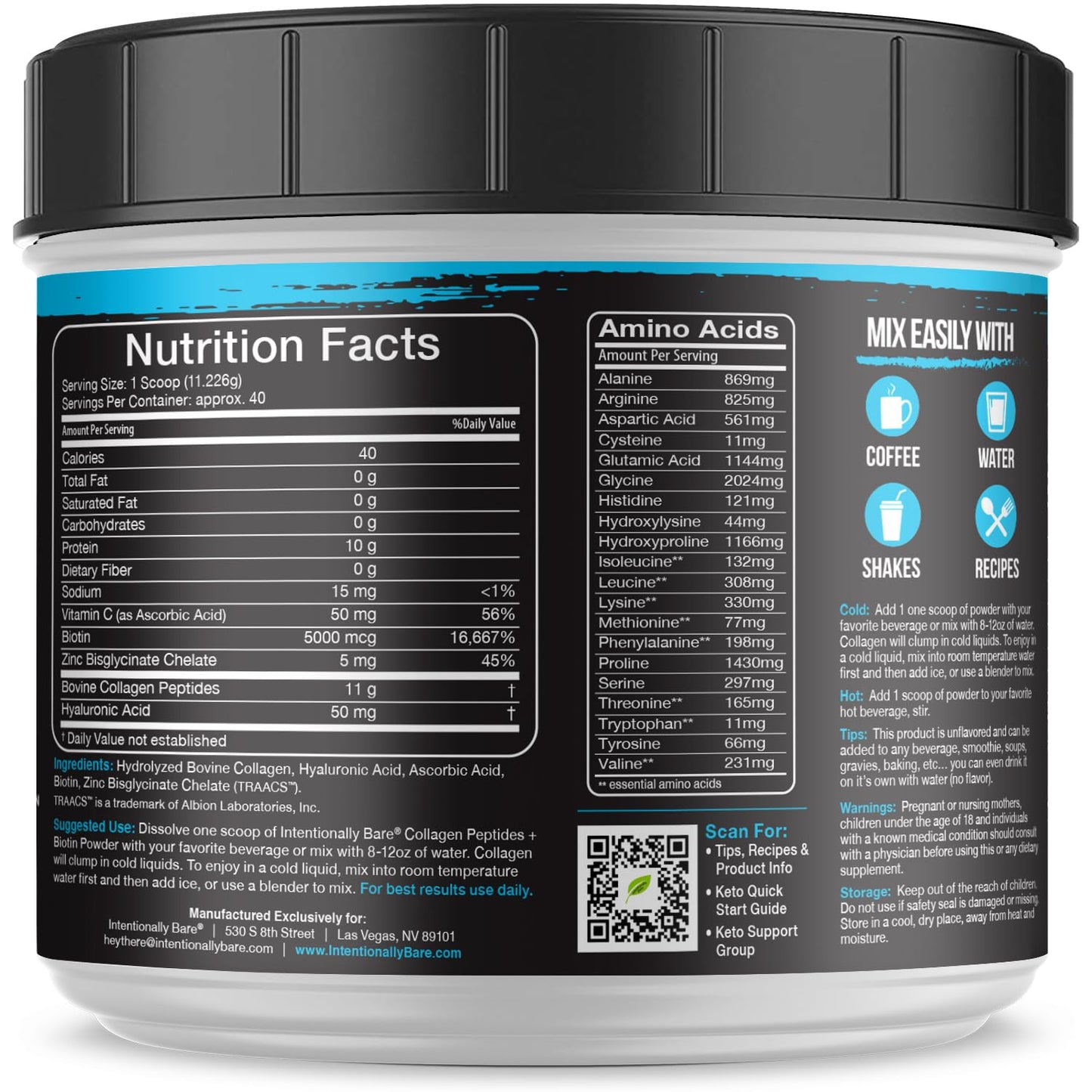 Intentionally Bare Unflavored Collagen Powder – Grass Fed, Non-GMO, 10g Protein, 40 Servings