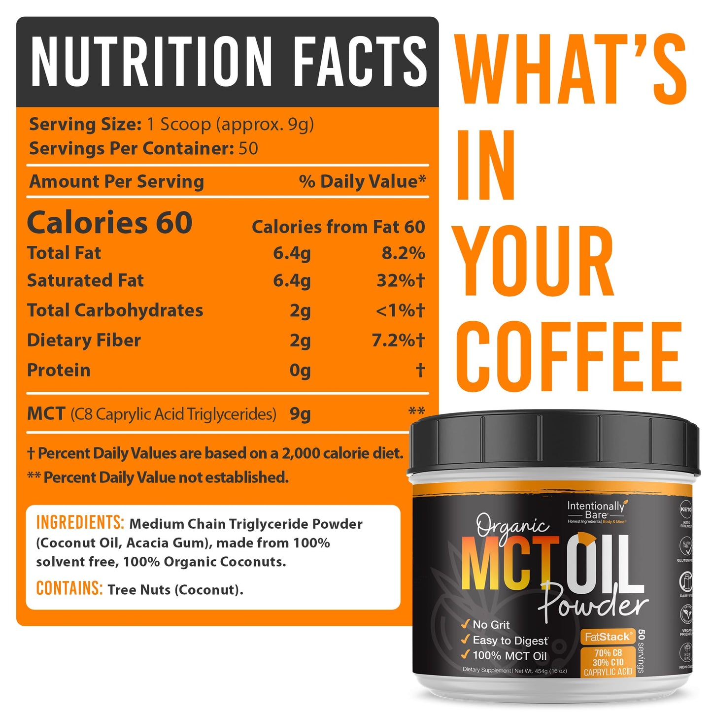 Intentionally Bare Keto MCT Oil Powder – 70% C8 / 30% C10 from Coconut Oil | Unflavored