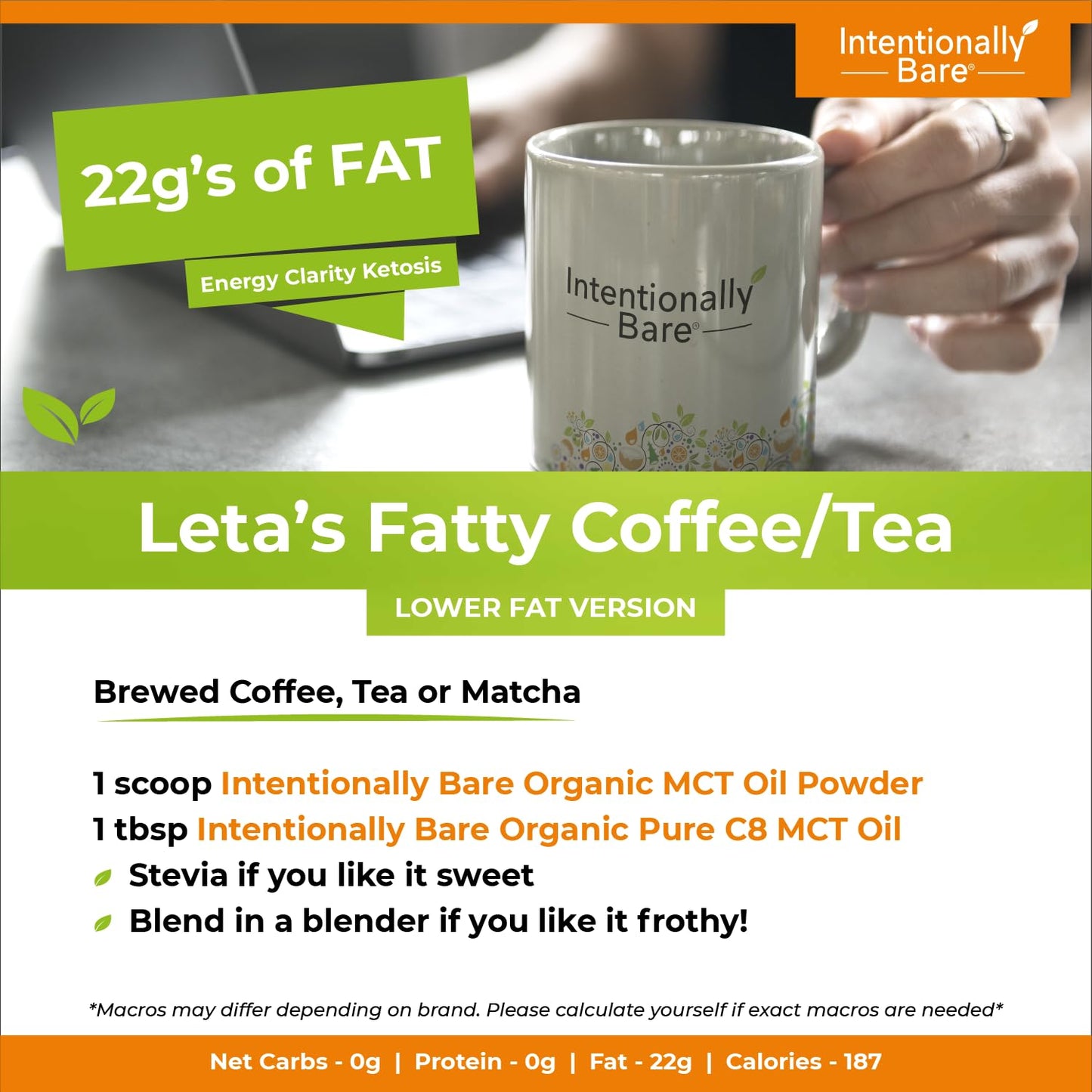 Intentionally Bare Keto MCT Oil Powder – 70% C8 / 30% C10 from Coconut Oil | Unflavored