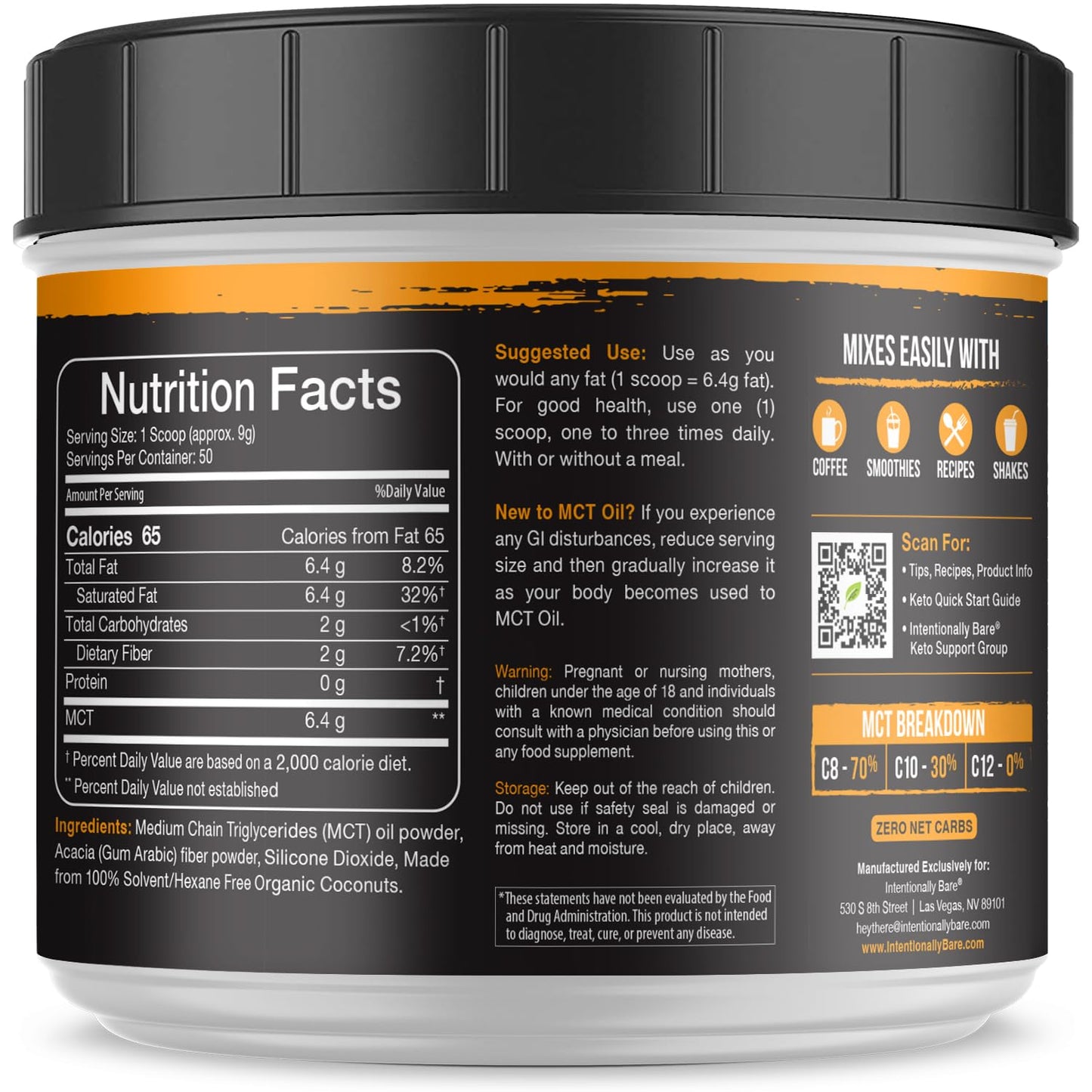 Intentionally Bare Keto MCT Oil Powder – 70% C8 / 30% C10 from Coconut Oil | Unflavored