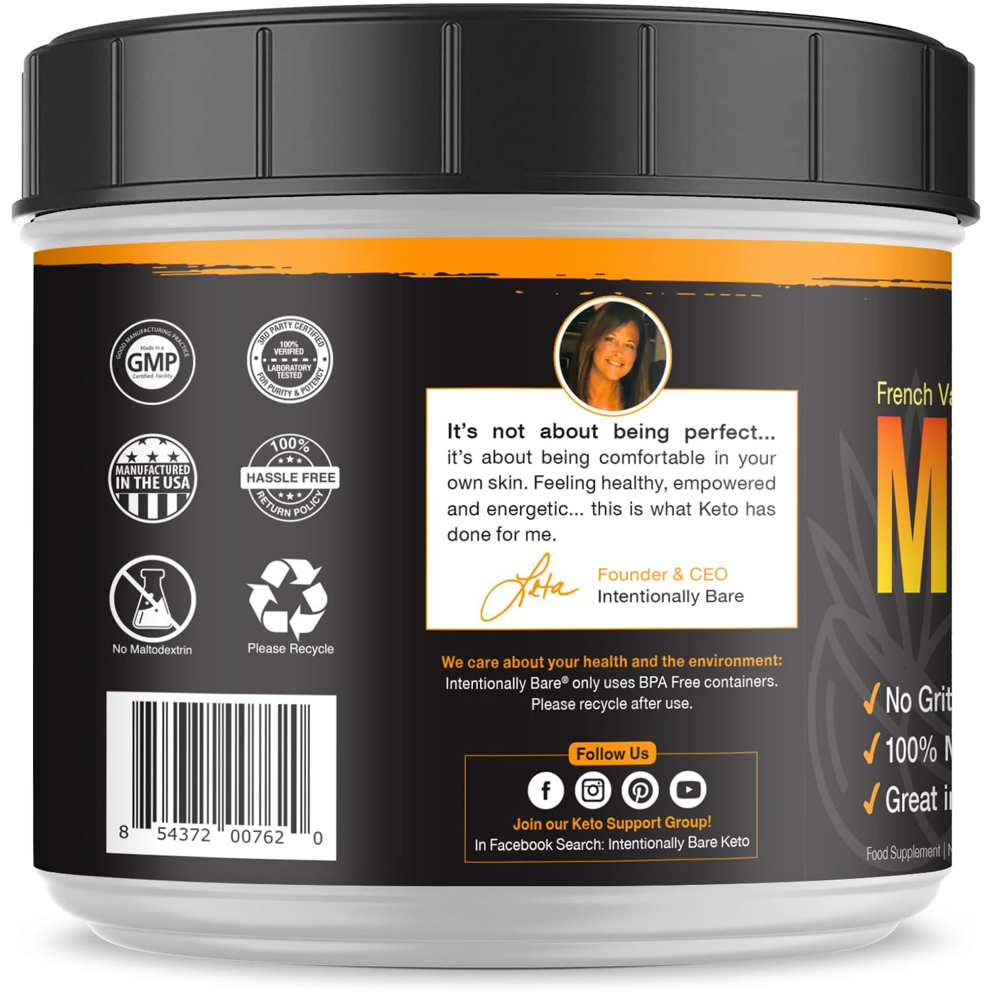 Intentionally Bare MCT Oil Powder French Vanilla Coffee Creamer – C8/C10 Keto Energy, 40 Servings