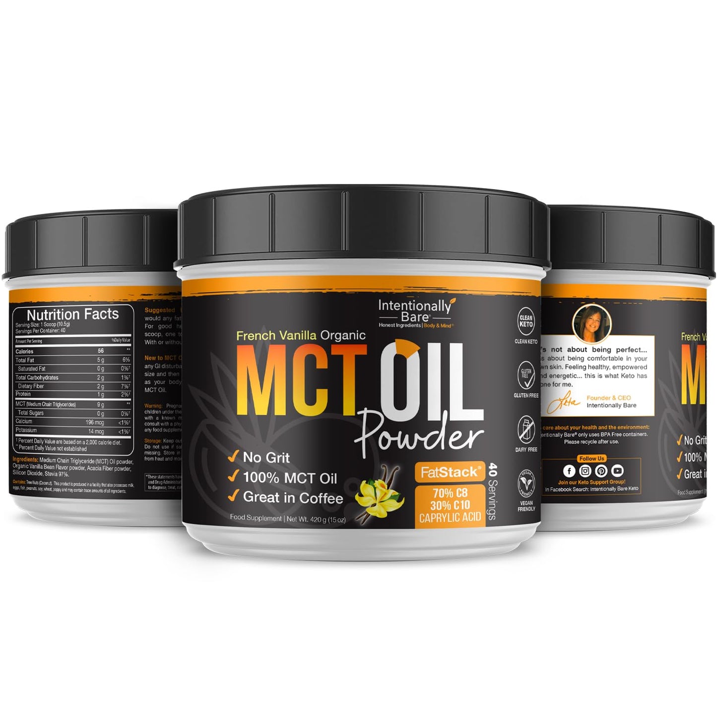 Intentionally Bare MCT Oil Powder French Vanilla Coffee Creamer – C8/C10 Keto Energy, 40 Servings