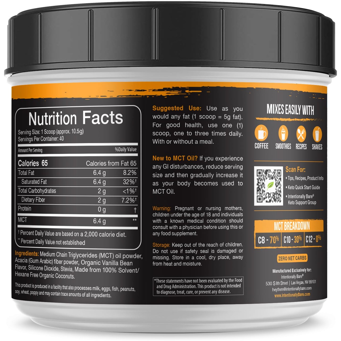 Intentionally Bare MCT Oil Powder French Vanilla Coffee Creamer – C8/C10 Keto Energy, 40 Servings