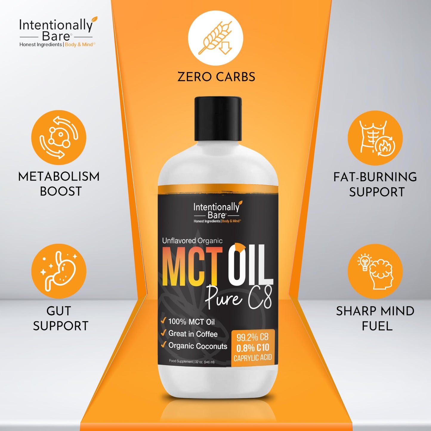 Intentionally Bare Pure C8 MCT Oil Organic – Brain Octane MCT Oil for Keto, Vegan & Paleo Diets – Unflavored 32oz