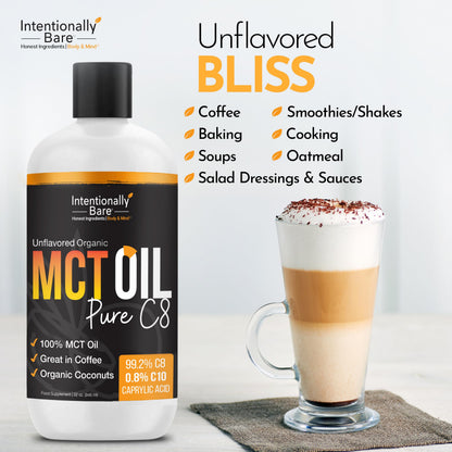 Intentionally Bare Pure C8 MCT Oil Organic – Brain Octane MCT Oil for Keto, Vegan & Paleo Diets – Unflavored 32oz